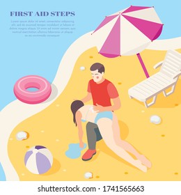 Reviving drowning victim on beach using first aid steps treatment info isometric background composition vector illustration 