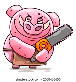 Revolt of farm animals. Angry pig trying protect itself. Piggy and butcher characters is reversed. Vector flat cartoon illustration