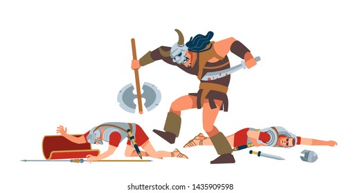 The revolt of the gladiators. Battle in ancient Rome. A giant warrior defeats a soldiers rome in the battle. Vector, stock illustration on a white isolated background. Flat cartoon style.
