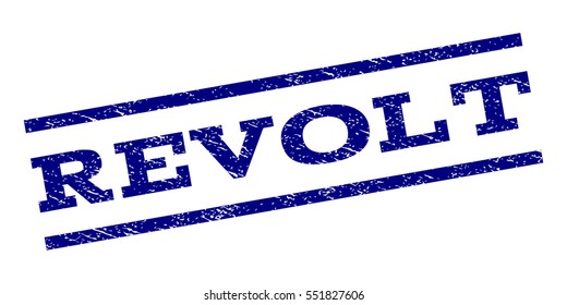 Revolt watermark stamp. Text tag between parallel lines with grunge design style. Rubber seal stamp with unclean texture. Vector navy blue color ink imprint on a white background.