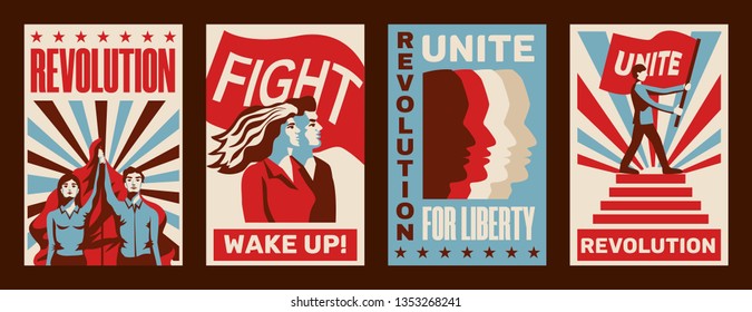 Revolution 4 promoting constructivist posters set with calls for strike fight unity liberty vintage isolated vector illustration