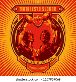 Revolution badge of Men and Women holding megaphone. Propaganda style. Protest fist. Retro revolution poster design.