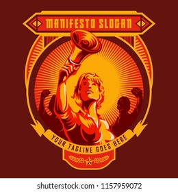 Revolution Badge Of Women Holding Megaphone. Propaganda Style. Protest Fist. Retro Revolution Poster Design.