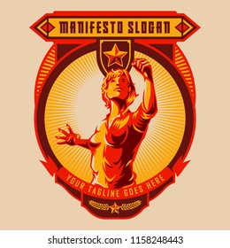 Revolution badge of Women raised fist. Propaganda style. Protest fist. Retro revolution poster design.	