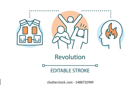 Revolution concept icon. Civil unrest, aggressive resistance idea thin line illustration. Angry mob, revolutionary and vest vector isolated outline drawing. Political uprising. Editable stroke