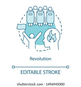 Revolution concept icon. Civil unrest, conflict idea thin line illustration. Revolutionary with flag and riot police with shields vector isolated outline drawing. Political rebellion. Editable stroke