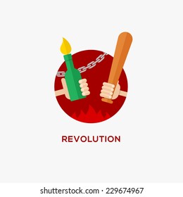 Revolution design concept. Symbol of protest. Hand with baseball bat and Molotov cocktail, flat design, vector illustration