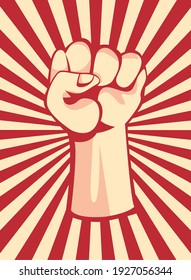 Revolution fist up on striped and retro banner design, Manifestation protest demonstration and political theme Vector illustration