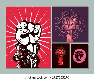 Revolution fists up banners icon group design, Manifestation protest demonstration and political theme Vector illustration