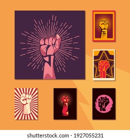 Revolution fists up banners icon set design, Manifestation protest demonstration and political theme Vector illustration