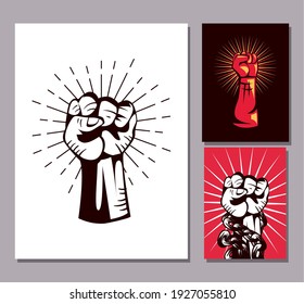 Revolution fists up banners symbol set design, Manifestation protest demonstration and political theme Vector illustration