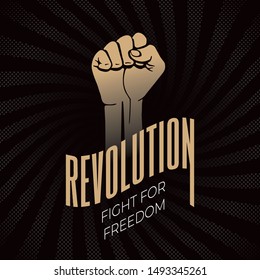 Revolution Flag Shape Inverted Logo Lettering with Raised Hand Clenched into Fist Contrast Graphic Style Sign Creative Concept - Gold on Rays Circle Background - Vector Hand Drawn Design
