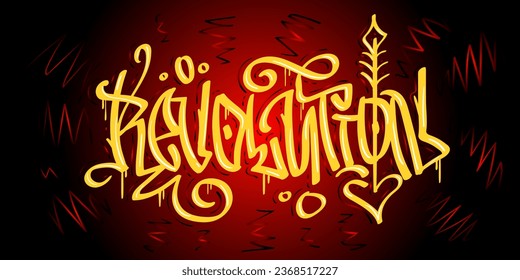 Revolution Graffiti Influenced Tag Style Hand Lettering Vector Design  Yellow Letters On Red Eps 10