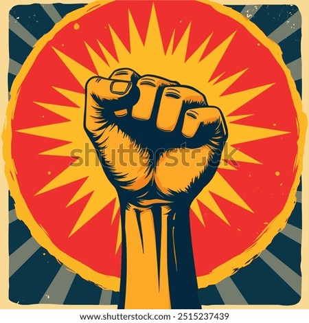 Revolution hand with a clenched fist, 80's retro vintage poster style. Fist raised in the air, symbolizing strength and protest. Ideal for activism and motivational designs.