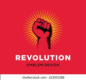 Revolution Hand Up Emblem Design On Red Background. Fist Vector Illustration