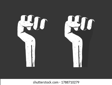 Revolution hand fist up as freedom power vector flat, propaganda rebel protest sign, radical strike concept, victory fight punch cartoon grunge black and white illustration, rights conflict aggressive