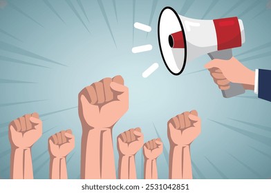 Revolution, hands with megaphone, fight for your right vector illustration design.Social rights demonstration or manifestation strike