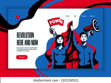 Revolution here now slogan website banner  vintage style design with power in unity concept symbol vector illustration