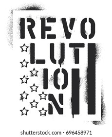 ''Revolution'' inscription and elements of the U.S. flag - stars and bars. Spray graffiti stencil.