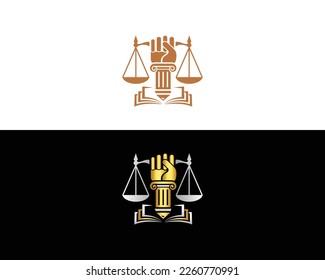 Revolution justice Logo Design With Hand Pillar And Law Education Book Symbol Vector Template.