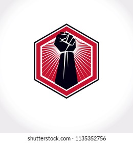 Revolution leader abstract sign, vector red clenched fist raised up. Can be used as tattoo.