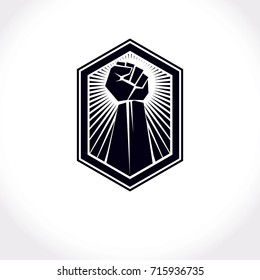 Revolution leader abstract sign, vector red clenched fist raised up. Can be used as tattoo.