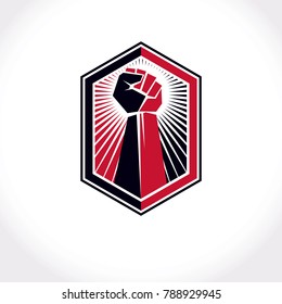 Revolution leader abstract sign, vector red clenched fist raised up. Can be used as tattoo.