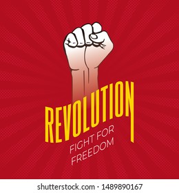Revolution Logo Concept with Raised Hand Clenched into Fist Contrast Graphic Style Sign and Flag or Banner Shape Lettering - White on Rays Circle Background - Vector Hand Drawn Design