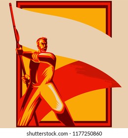 Revolution Poster. Man holding blank flag vector illustration. Political protest activism patriotism. Revolution raising The Flag