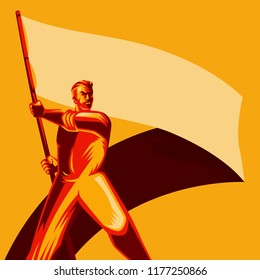 Revolution Poster. Man holding blank flag vector illustration. Political protest activism patriotism. Revolution raising The Flag