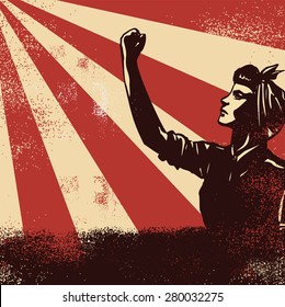 Revolution Poster, worker raising fists on sunbeam backgound, vector