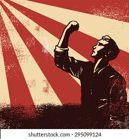 Revolution Poster, worker raising fists on sunbeam backgound, vector