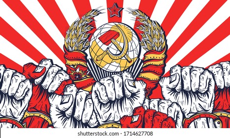 Revolution print background. Communism art. USSR. Coat of arms of Soviet Union ray of light and many fist raised in air. Symbol of protest, demonstrations, rallies. Fight for rights. Propaganda style