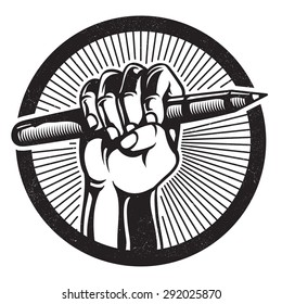 REVOLUTION & PROPAGANDA STYLE. Protesting human hand fist holding a pen concept icon