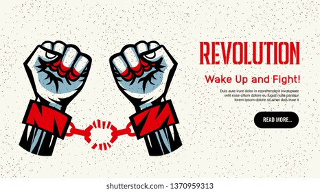 Revolution propagating website homepage constructivist vintage style design with broken handcuff fight for freedom concept vector illustration