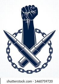 Revolution and Riot aggressive emblem or logo with strong clenched fist, vector tattoo, anarchy and chaos, rebel partisan and revolutionary.