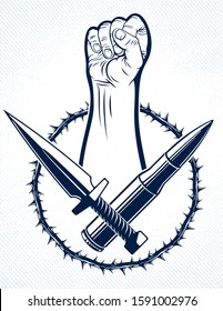 Revolution and Riot aggressive emblem or logo with strong clenched fist, vector tattoo, anarchy and chaos, rebel partisan and revolutionary.