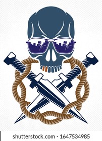 Revolution and Riot wicked emblem or logo with aggressive skull, vector tattoo, anarchy and chaos, rebel partisan and revolutionary.