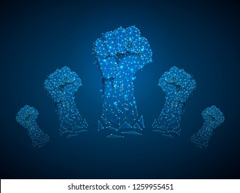 Revolution Sign gesture. Group of Clenched fist raised in air. Victory, solidarity, punch, strike, change protest. Deaf People silent communication alphabet. Vector on dark blue background