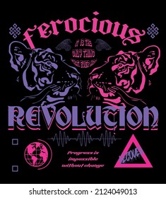 Revolution slogan text with tiger face print design for tee and poster