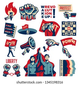 Revolution socialism promoting constructivist set with power liberty unity struggle for freedom symbols vintage isolated vector illustration