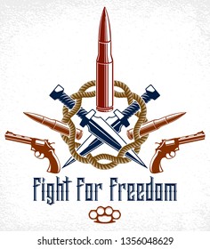Revolution and War vector emblem with bullets and guns, logo or tattoo with lots of different design elements, riot partisan warrior, criminal and anarchist style, social tension theme.
