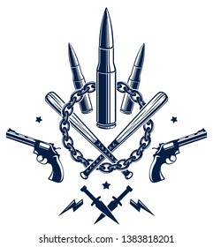 Revolution and War vector emblem with bullets and guns, logo or tattoo with lots of different design elements, riot partisan warrior, criminal and anarchist style, social tension theme.