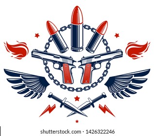 Revolution and War vector emblem with bullets and guns, logo or tattoo with lots of different design elements, riot partisan warrior, criminal and anarchist style, social tension theme.