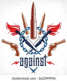 Revolution and War vector emblem with bullets and guns, logo or tattoo with lots of different design elements, riot partisan warrior, criminal and anarchist style, social tension theme.