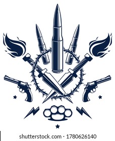 Emblema vectorial de revolución y guerra con balas y pistolas, logo o tatuaje con muchos elementos de diseño diferentes, guerrero partidista antidisturbios, estilo criminal y anarquista, tema de tensión social.