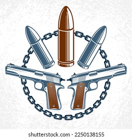 Vektorsymbol der Revolution und des Krieges mit Kugeln und Gewehren, Logo oder Tattoo, aufständischer Krieger, krimineller und anarchistischer Stil, Thema sozialer Spannungen.