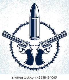 Revolution and War vector emblem with bullets and guns, logo or tattoo, riot partisan warrior, criminal and anarchist style, social tension theme.