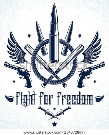 Revolution and War vector emblem with bullets and guns, logo or tattoo with lots of different design elements, riot partisan warrior, criminal and anarchist style, social tension theme.