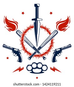 Revolution and War vector emblem with dagger knife and other weapons , tattoo with lots of design elements, riot partisan warrior, criminal and anarchist style, social tension theme.